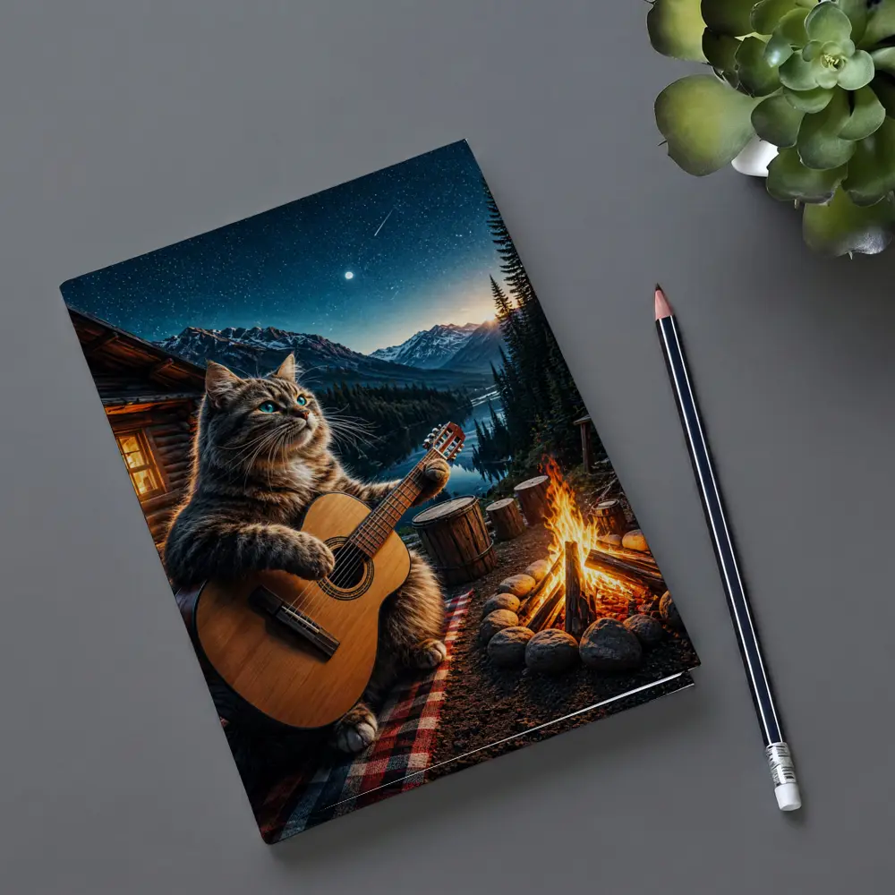 Cat Playing Guitar By Mountain Campfire – Notebooks
