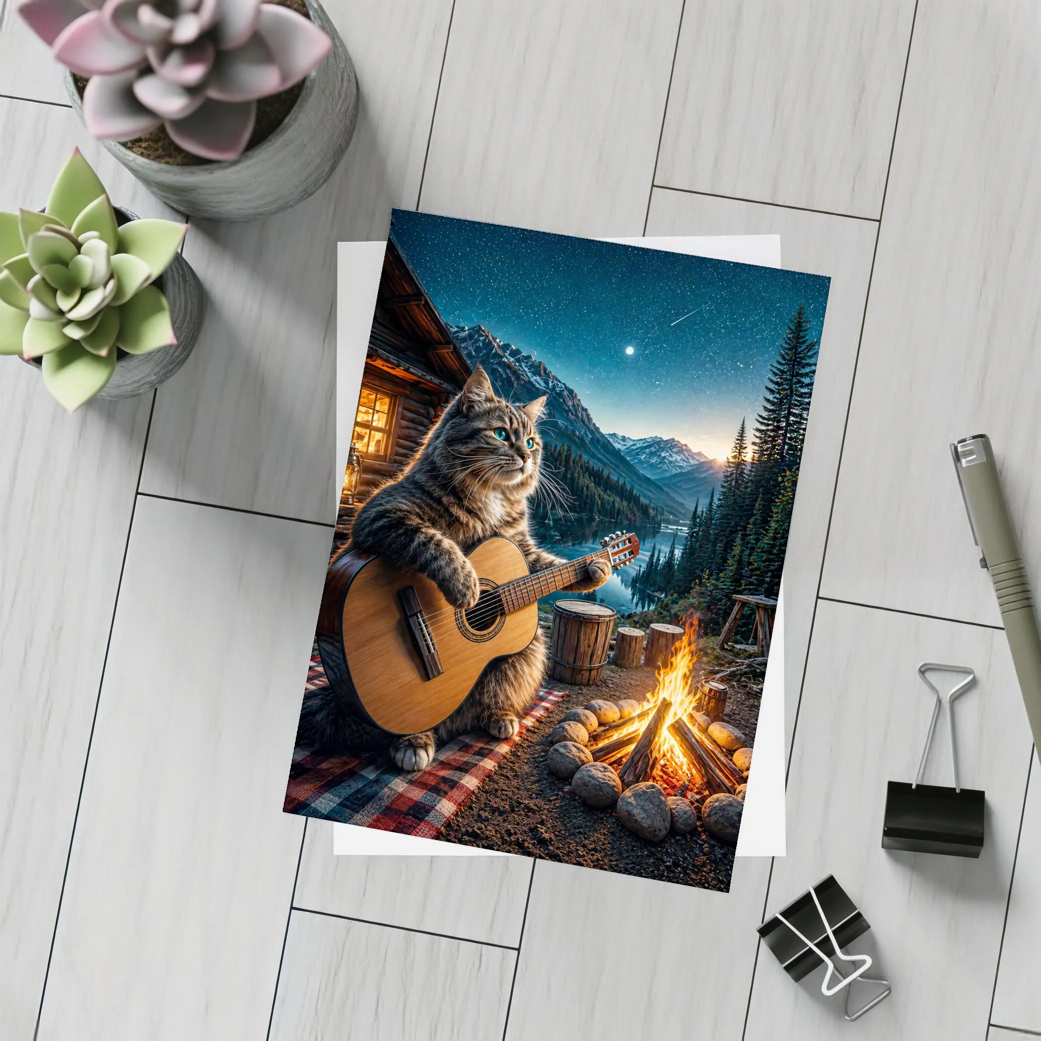 Cat Playing Guitar By Mountain Campfire – Postcards