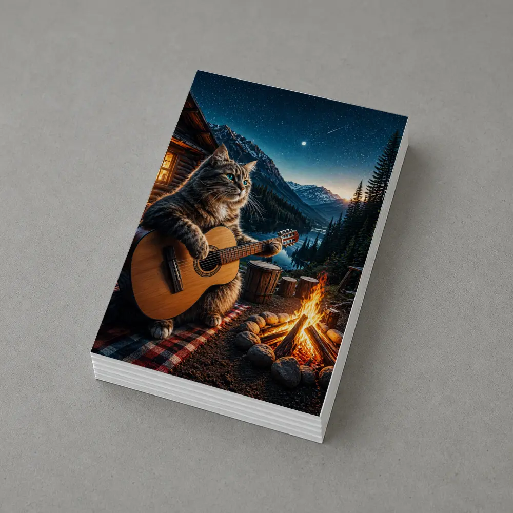 Cat Playing Guitar By Mountain Campfire – Postcards