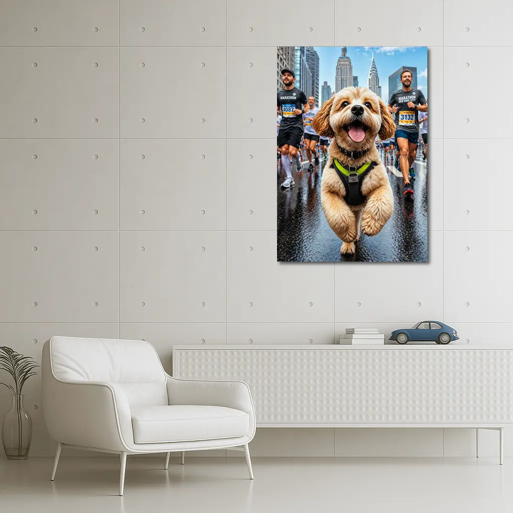 Goldendoodle Running New York City Marathon – Wall Art