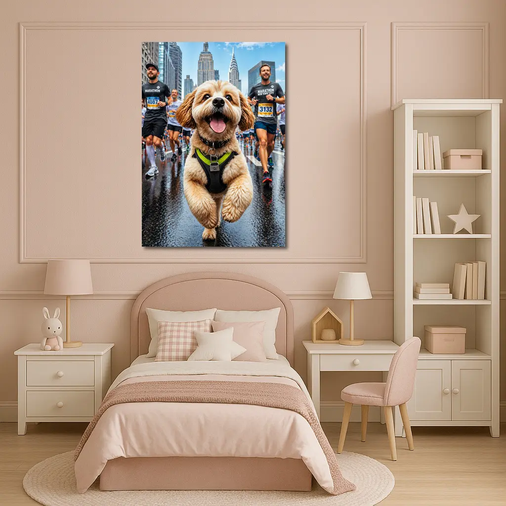 Goldendoodle Running New York City Marathon – Wall Art