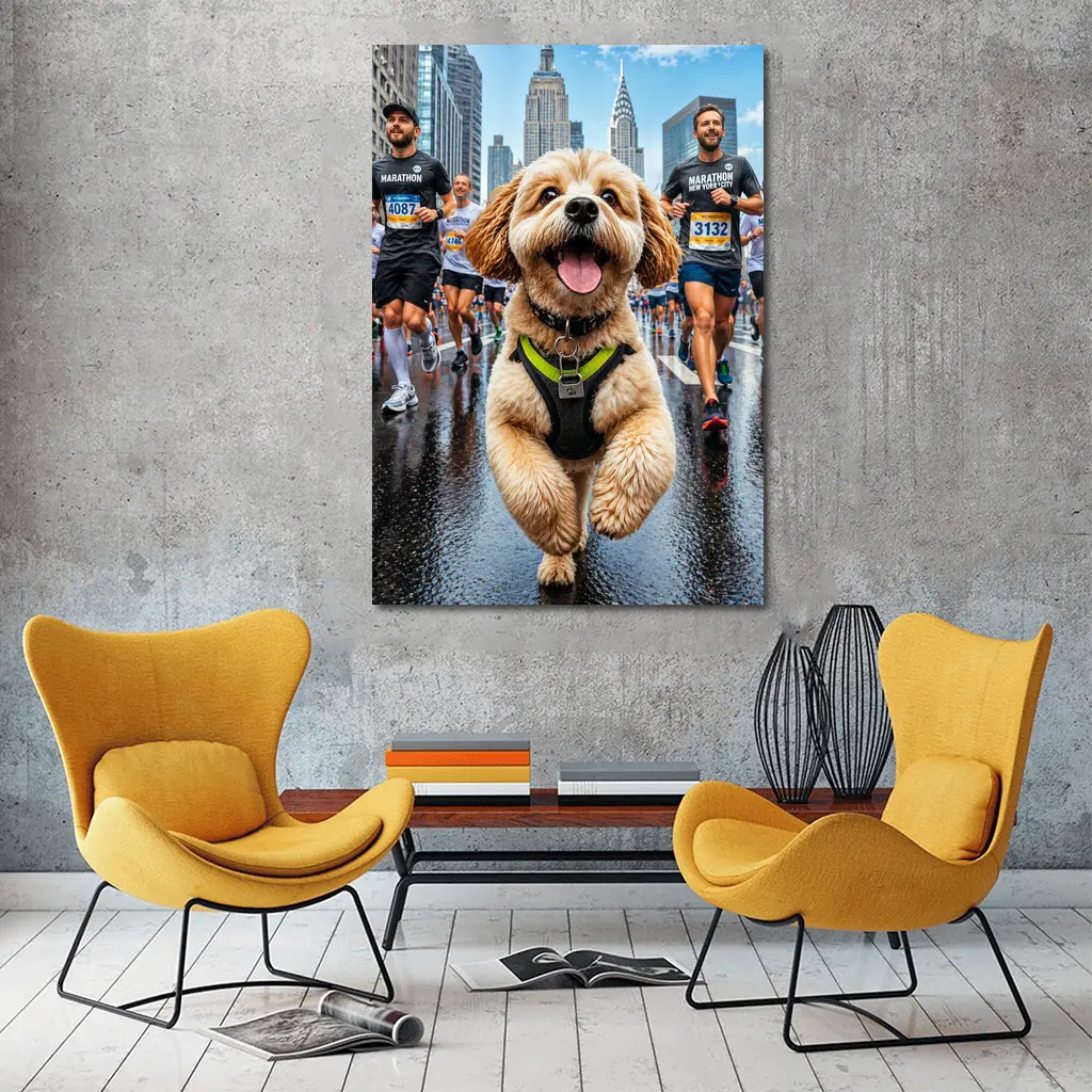Goldendoodle Running New York City Marathon – Wall Art