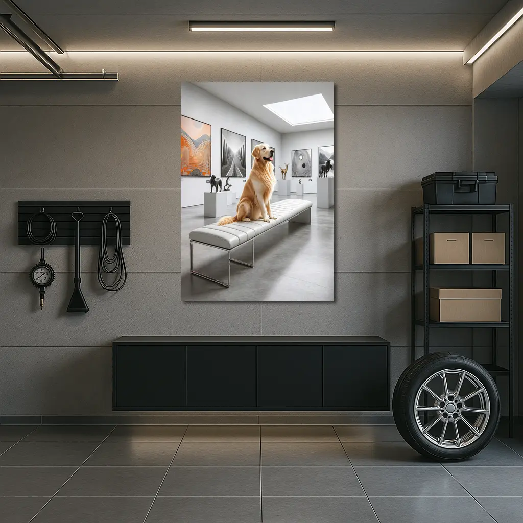 Golden Retriever Sitting in Modern Art Gallery – Wall Art