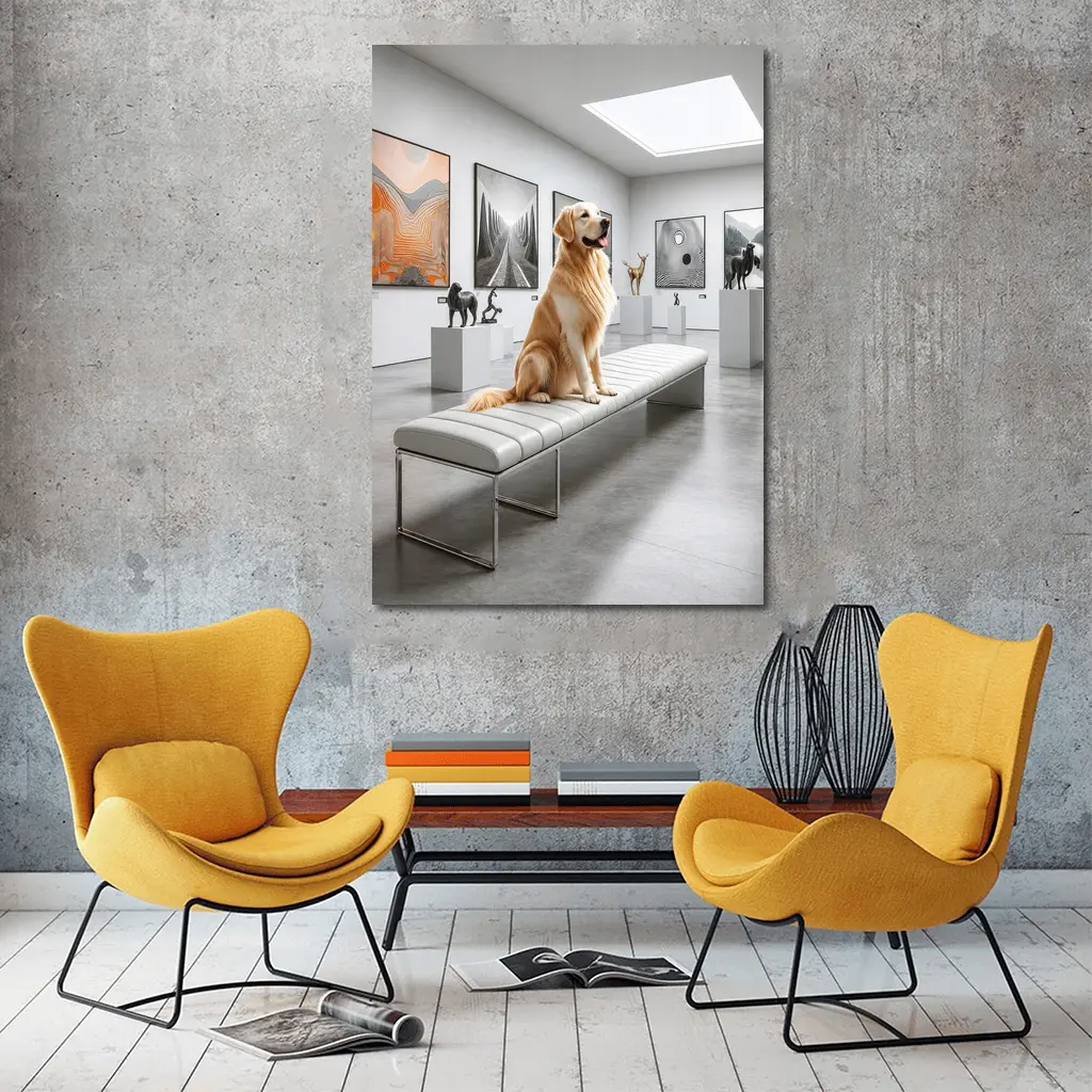 Golden Retriever Sitting in Modern Art Gallery – Wall Art