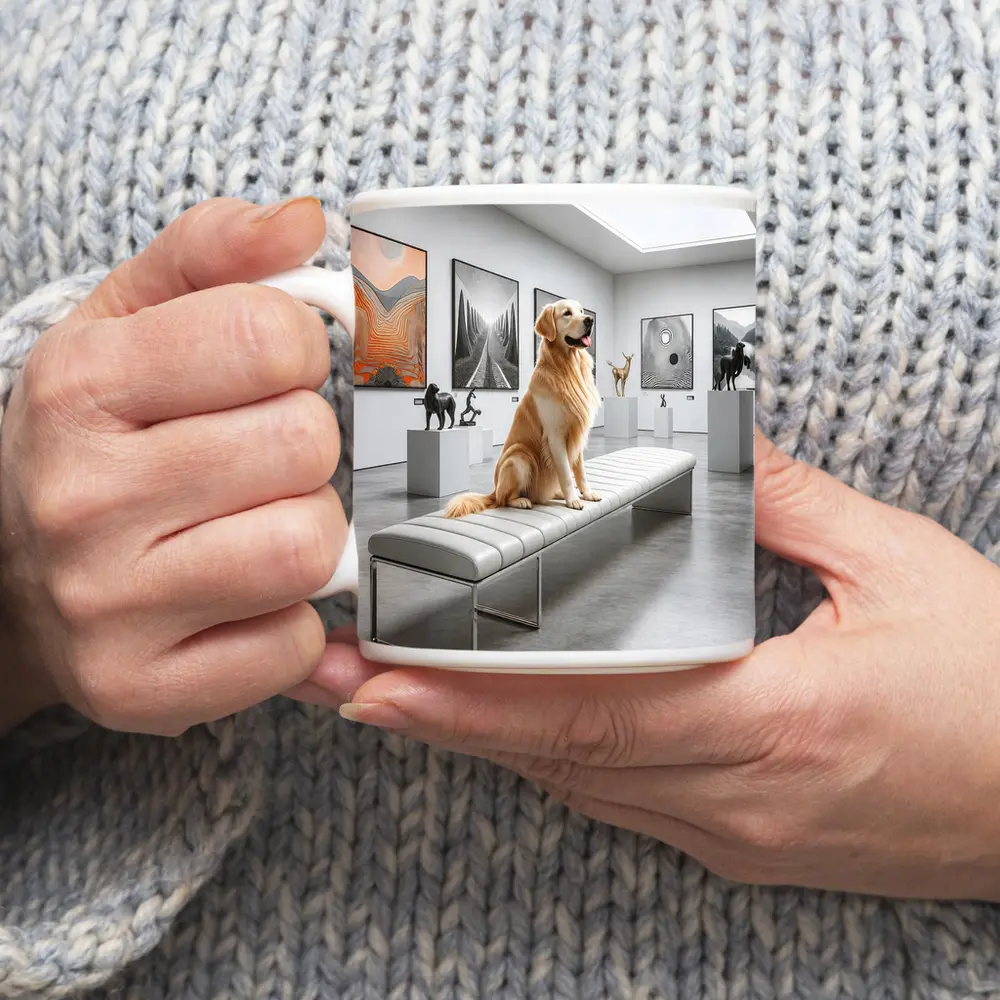 Golden Retriever Sitting in Modern Art Gallery – Mugs