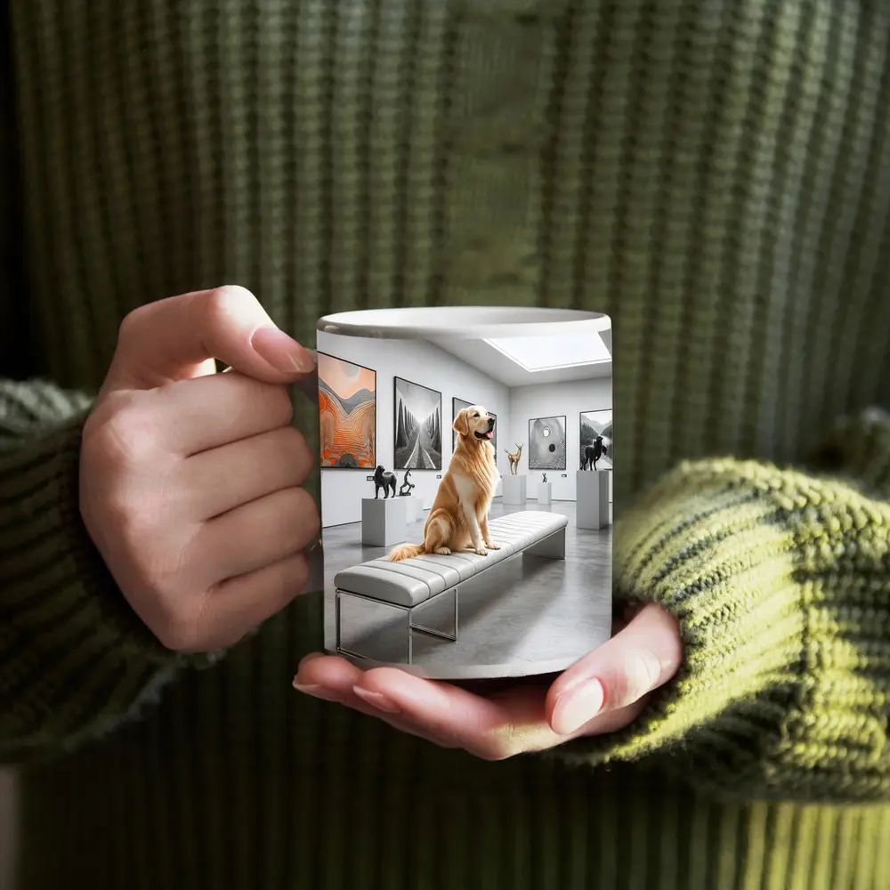 Golden Retriever Sitting in Modern Art Gallery – Mugs