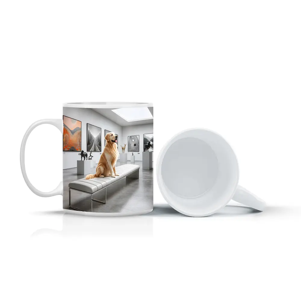 Golden Retriever Sitting in Modern Art Gallery – Mugs