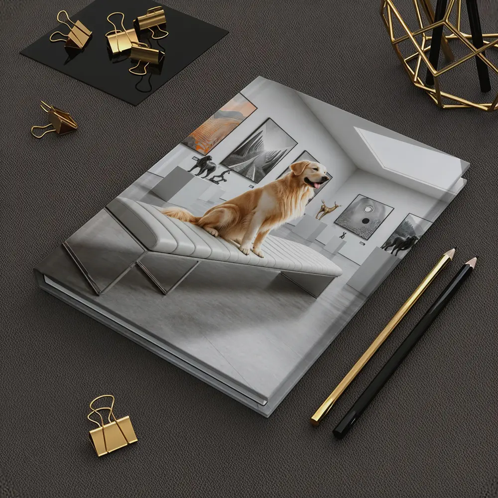 Golden Retriever Sitting in Modern Art Gallery – Notebooks