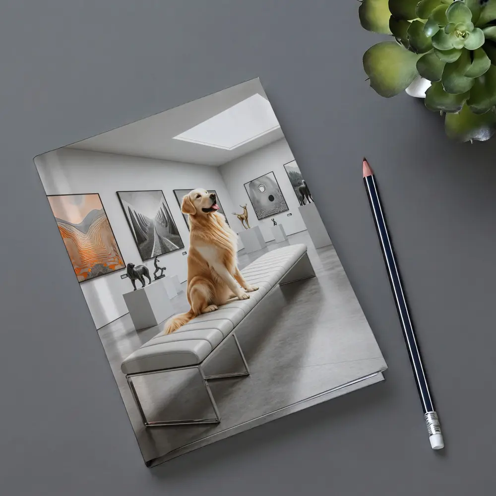 Golden Retriever Sitting in Modern Art Gallery – Notebooks