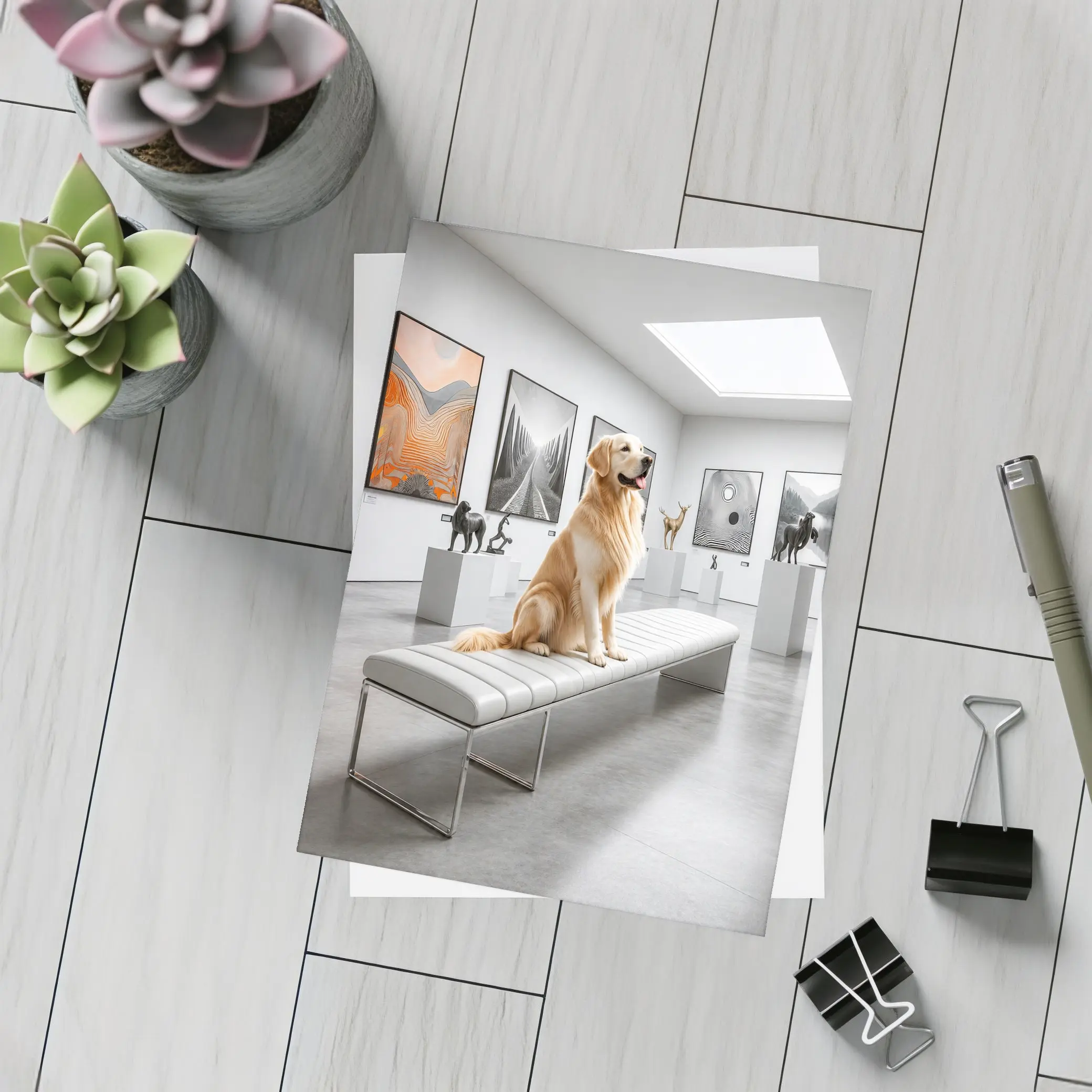 Golden Retriever Sitting in Modern Art Gallery – Postcards