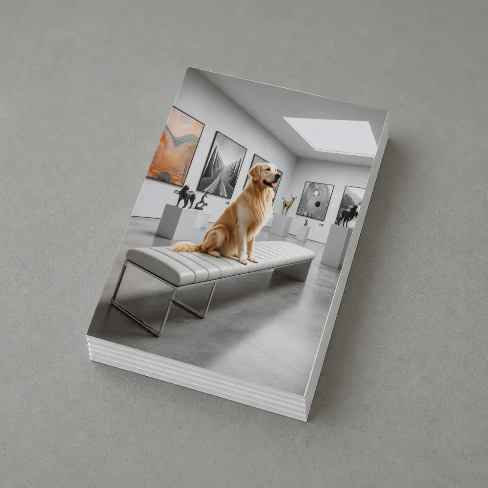 Golden Retriever Sitting in Modern Art Gallery – Postcards
