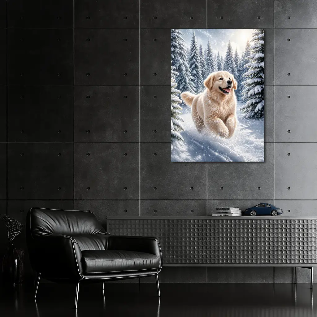 Golden Retriever Running Through Snowy Winter Forest – Wall Art