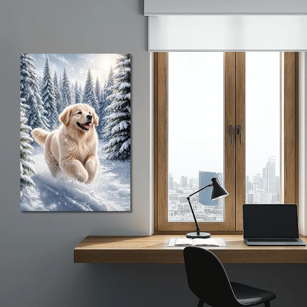 Golden Retriever Running Through Snowy Winter Forest – Wall Art