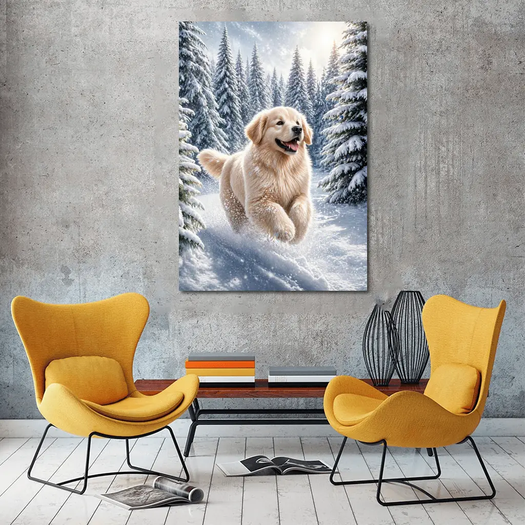 Golden Retriever Running Through Snowy Winter Forest – Wall Art