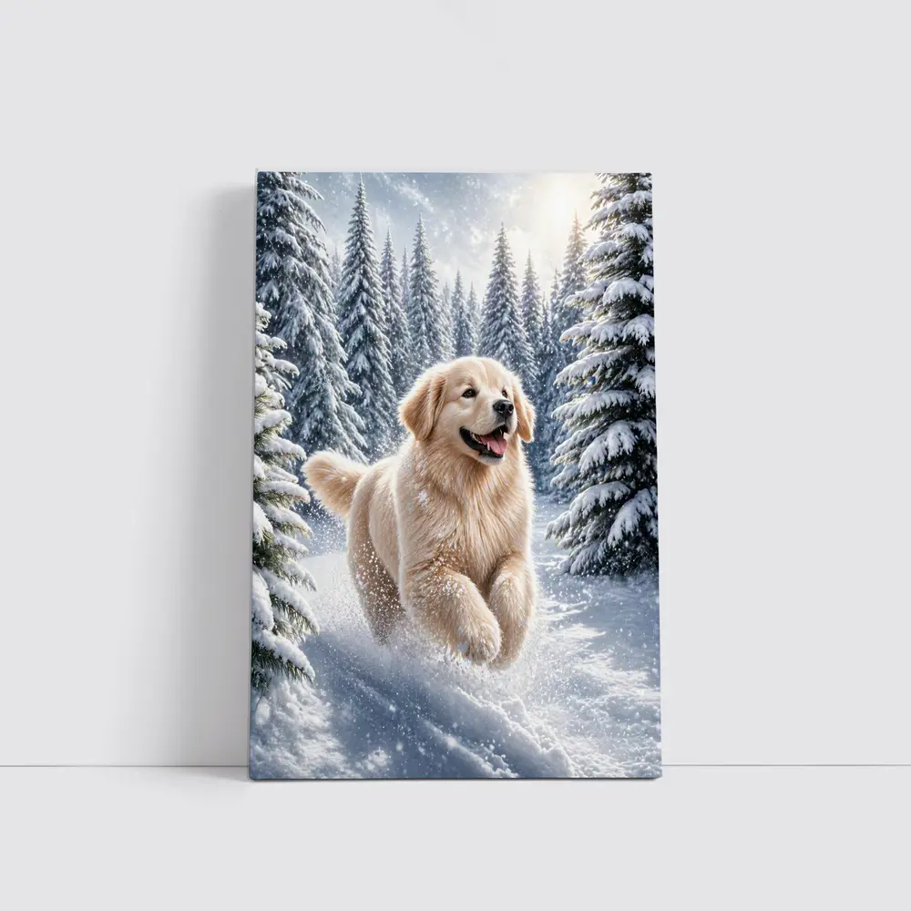 Golden Retriever Running Through Snowy Winter Forest – Wall Art