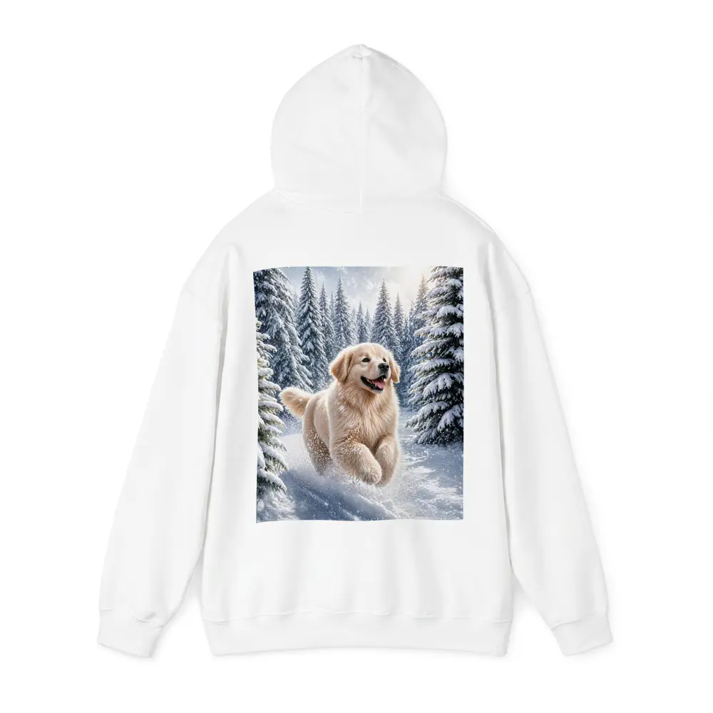 Golden Retriever Running Through Snowy Winter Forest – Hoodies