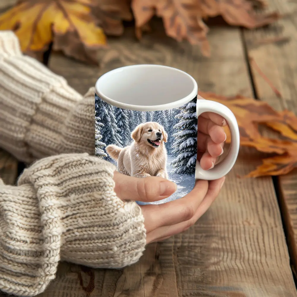 Golden Retriever Running Through Snowy Winter Forest – Mugs