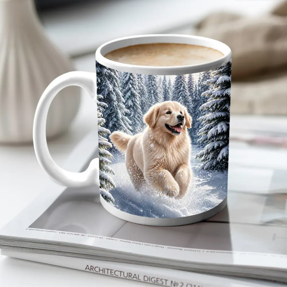 Golden Retriever Running Through Snowy Winter Forest – Mugs