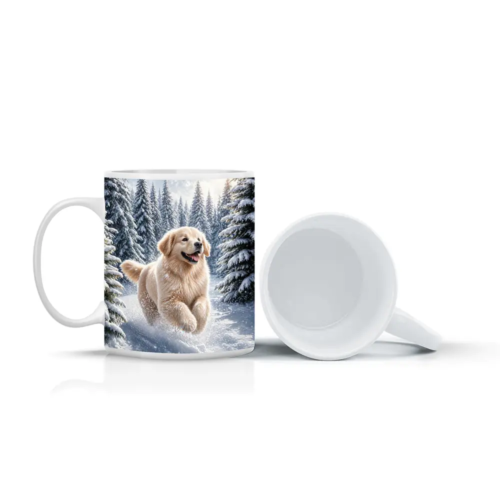 Golden Retriever Running Through Snowy Winter Forest – Mugs