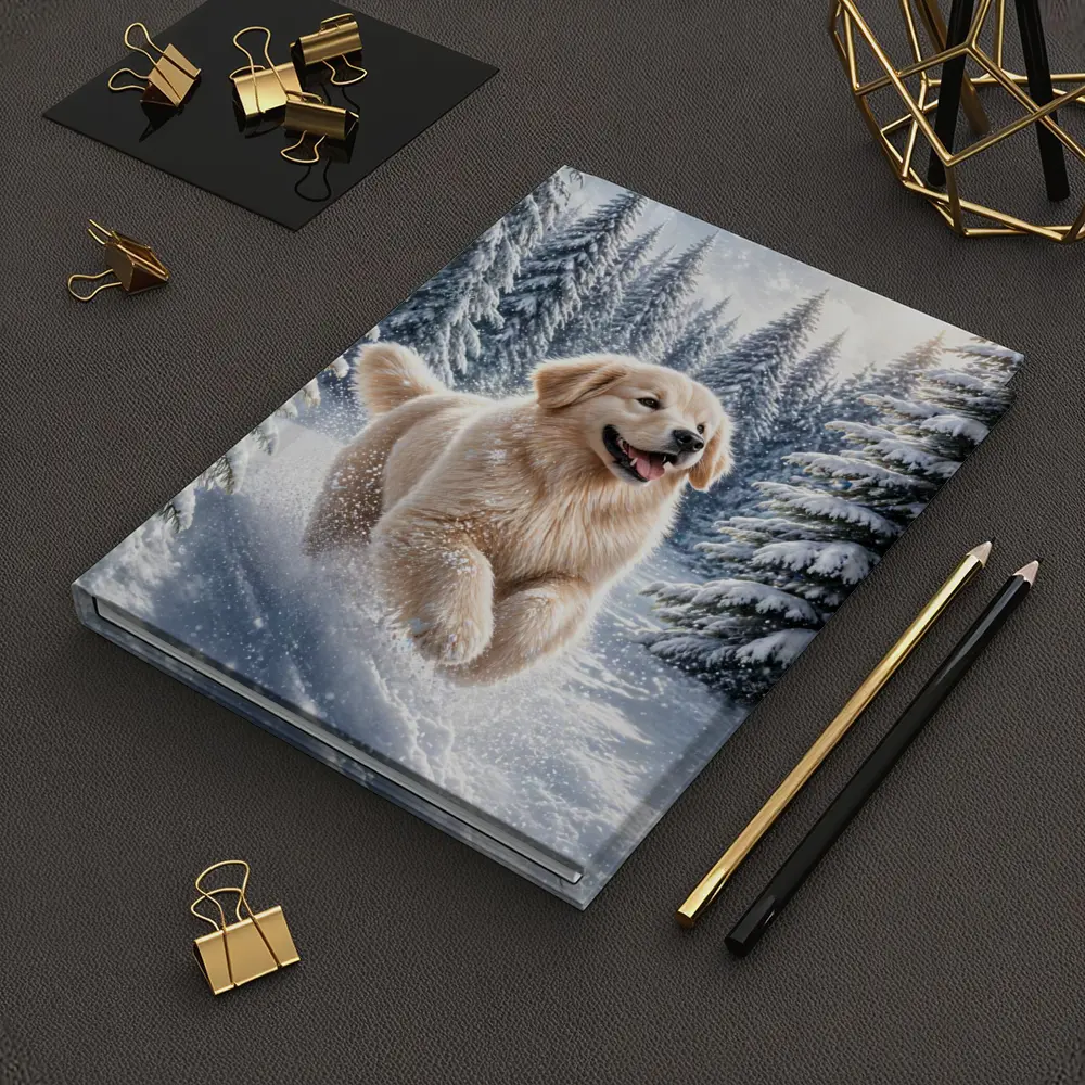 Golden Retriever Running Through Snowy Winter Forest – Notebooks