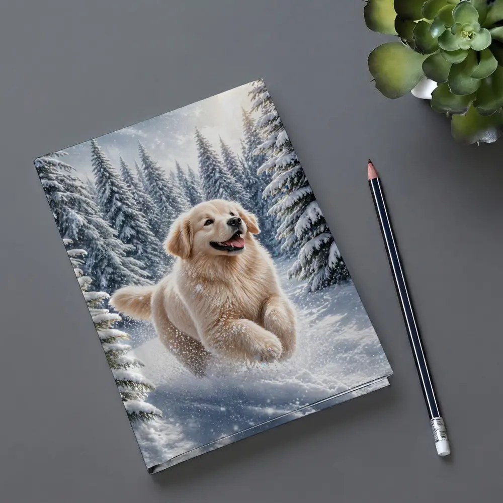 Golden Retriever Running Through Snowy Winter Forest – Notebooks