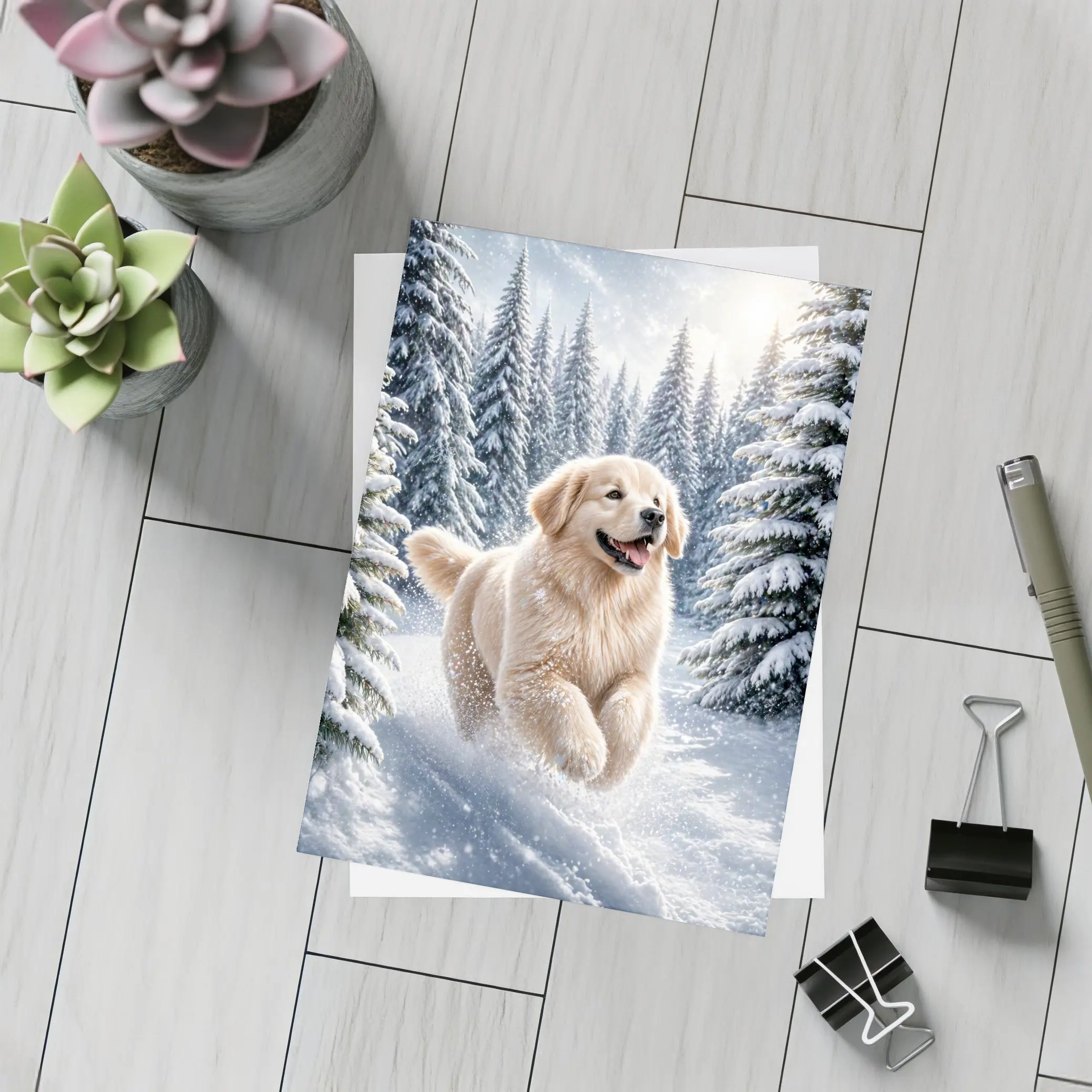 Golden Retriever Running Through Snowy Winter Forest – Postcards