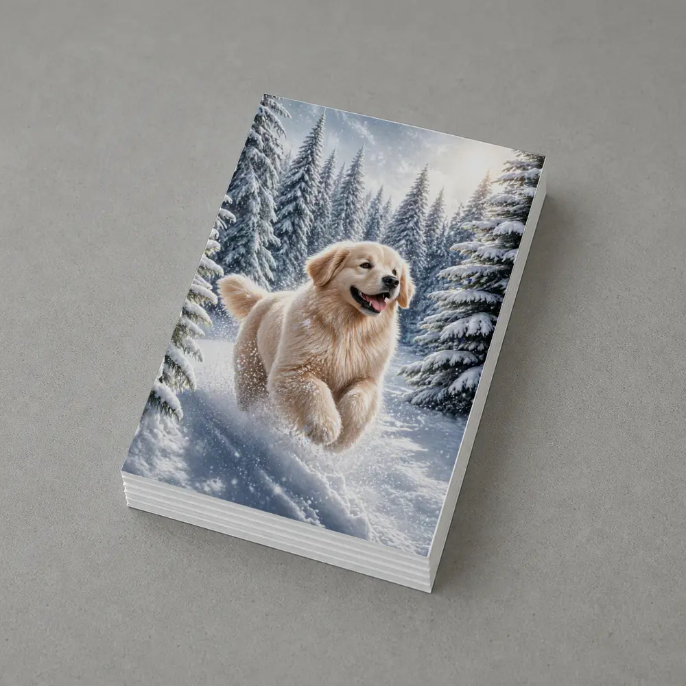 Golden Retriever Running Through Snowy Winter Forest – Postcards