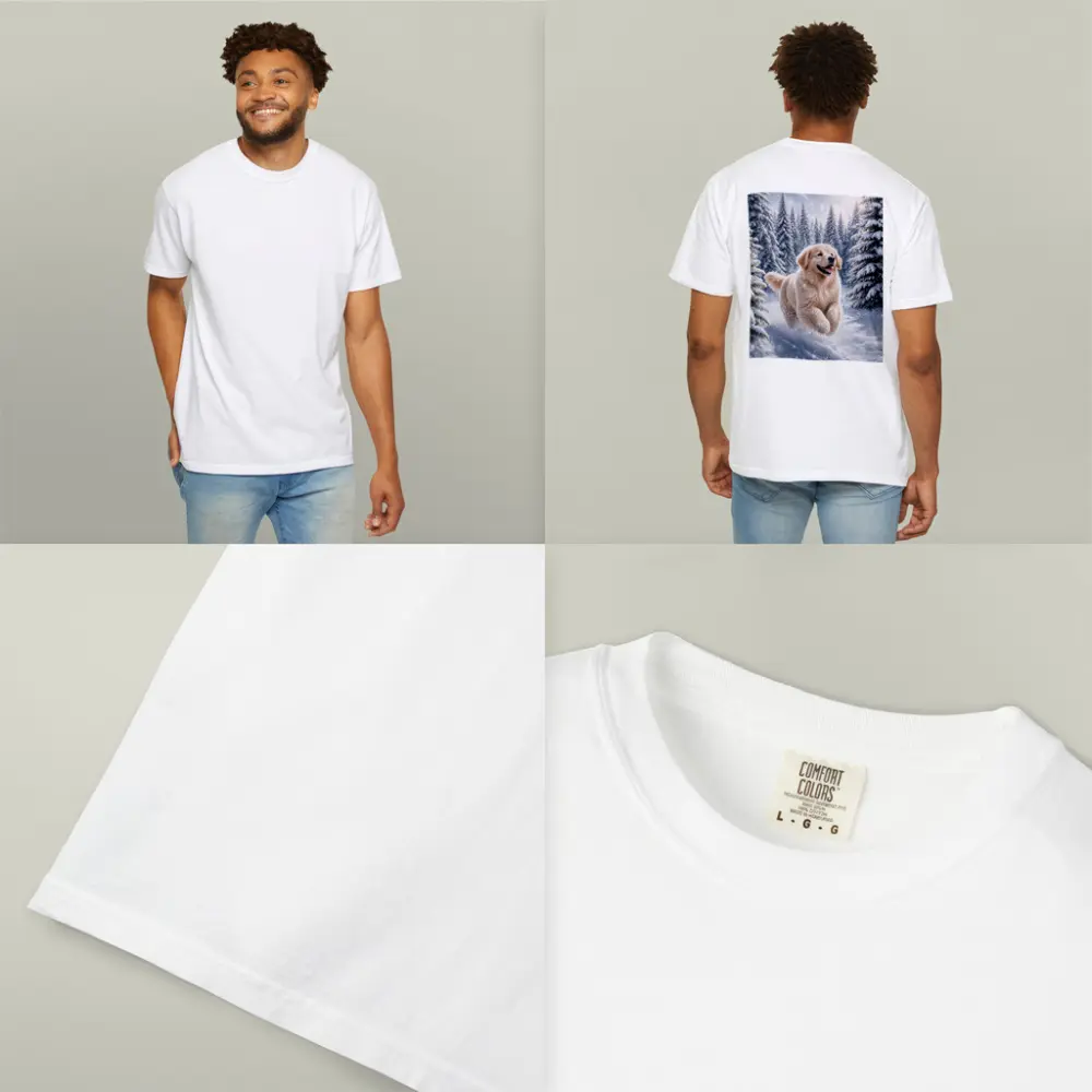 Golden Retriever Running Through Snowy Winter Forest – T-Shirts