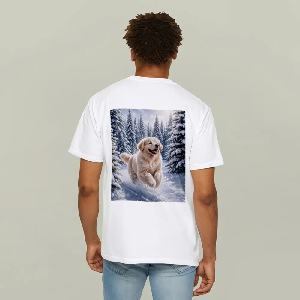 Golden Retriever Running Through Snowy Winter Forest – T-Shirts