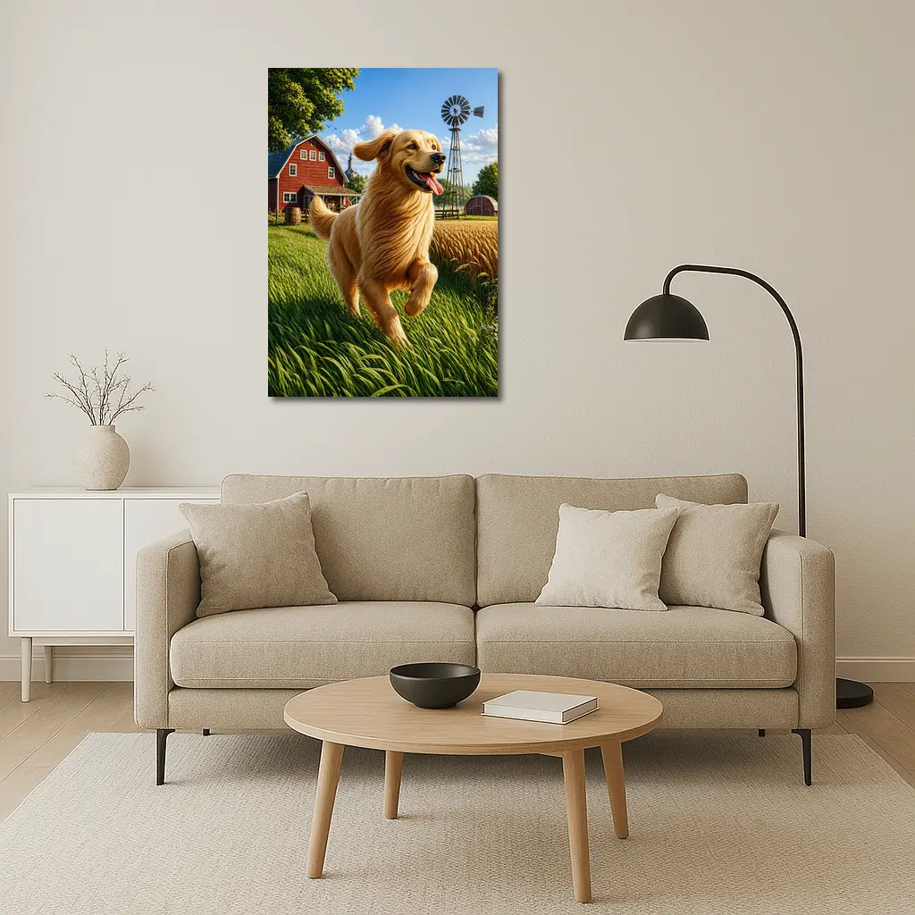 Golden Retriever Running on Sunny Farm – Wall Art