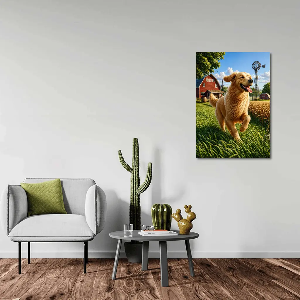 Golden Retriever Running on Sunny Farm – Wall Art