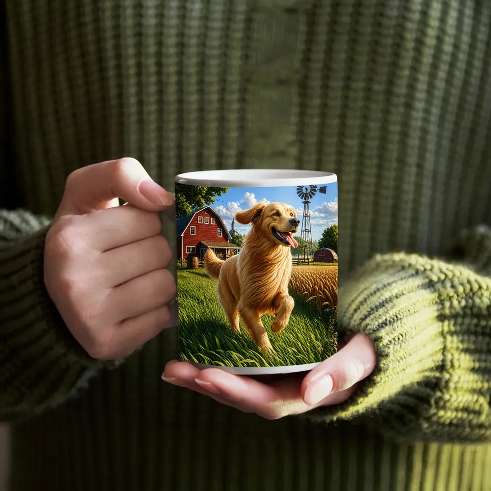 Golden Retriever Running on Sunny Farm – Mugs