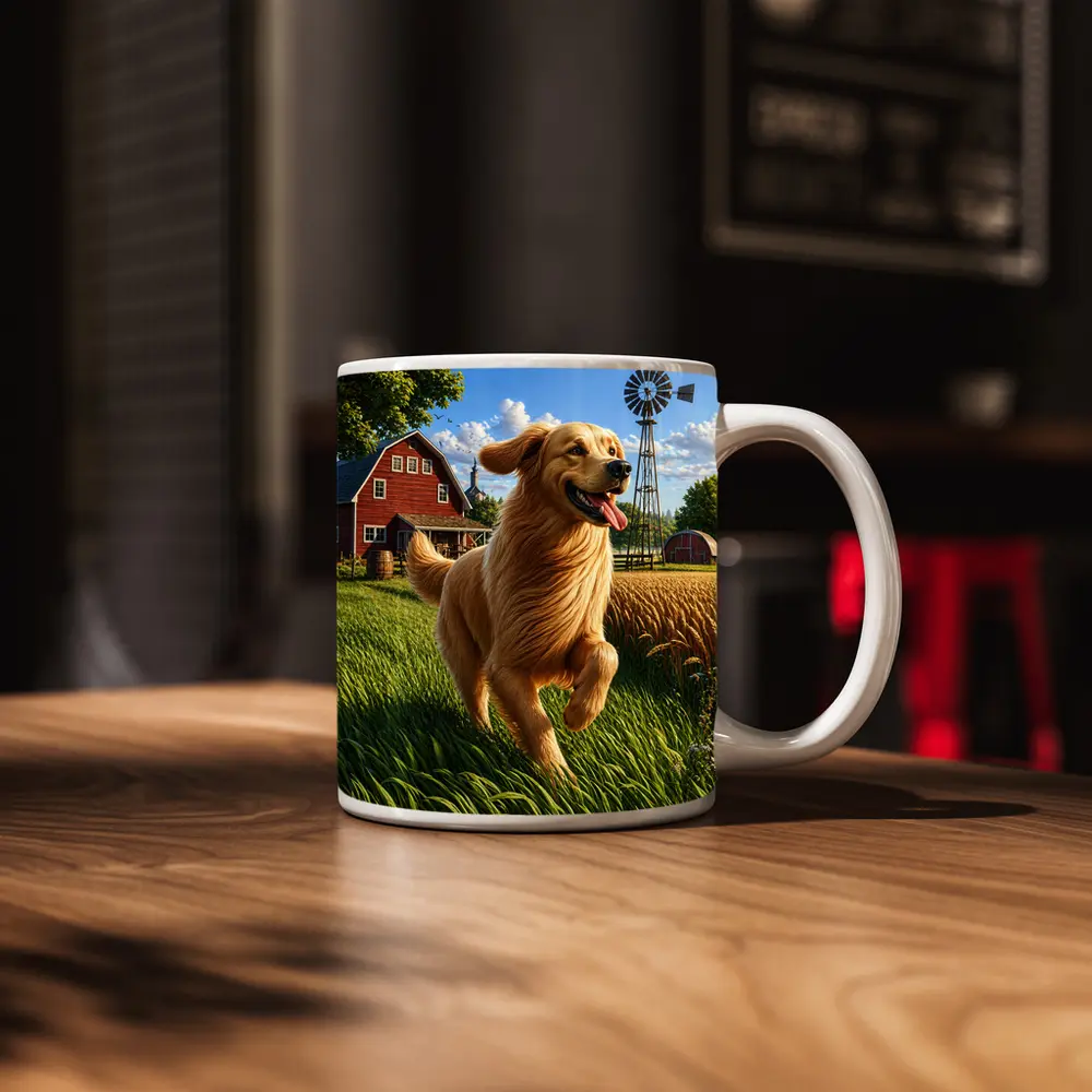 Golden Retriever Running on Sunny Farm – Mugs