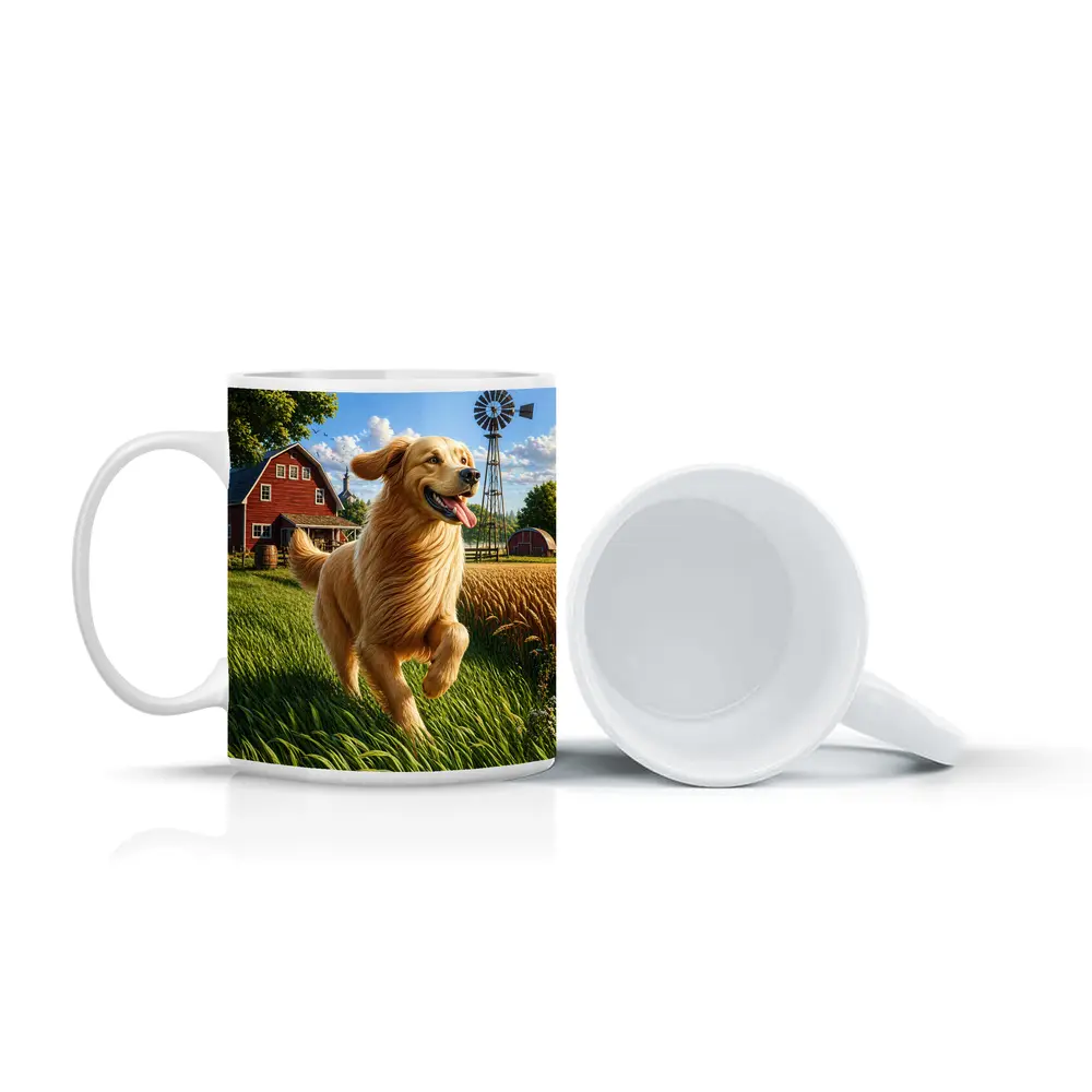 Golden Retriever Running on Sunny Farm – Mugs