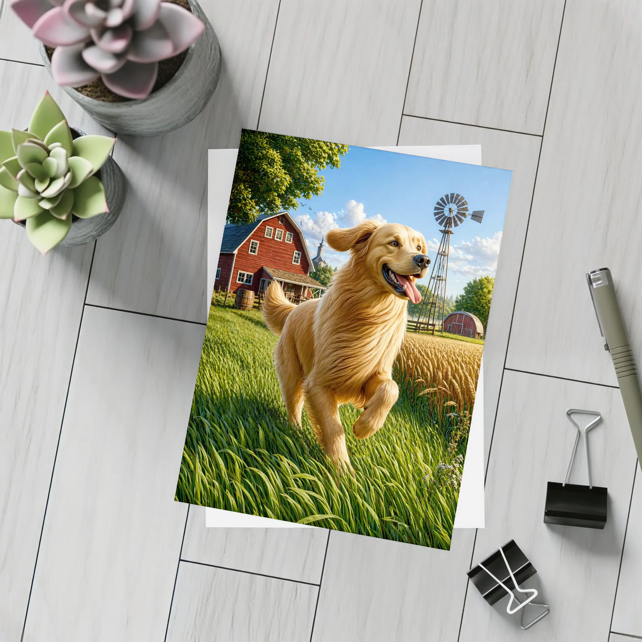 Golden Retriever Running on Sunny Farm – Postcards
