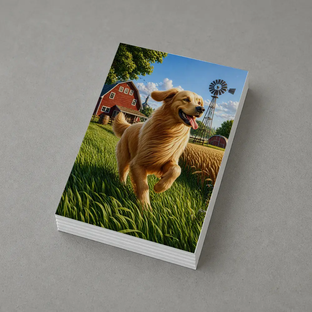 Golden Retriever Running on Sunny Farm – Postcards
