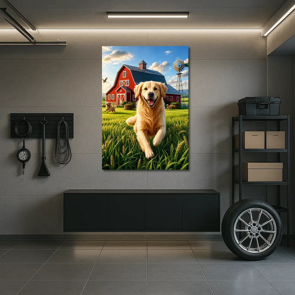 Golden Retriever Running Farm Red Barn – Wall Art