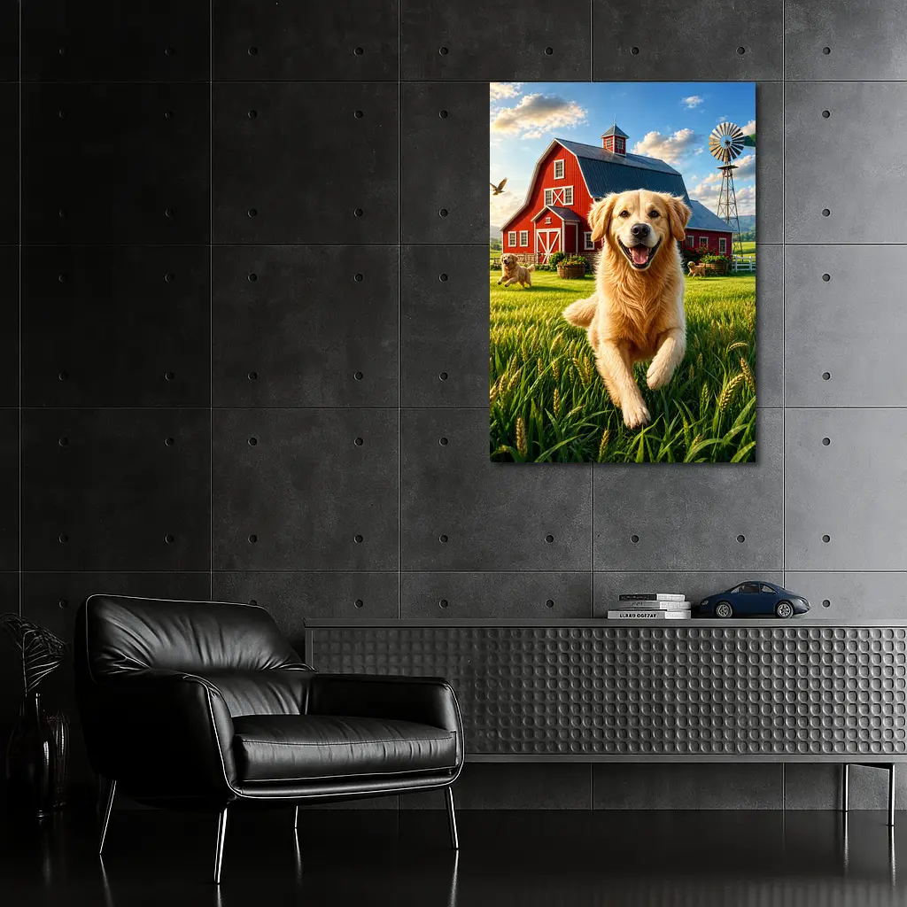 Golden Retriever Running Farm Red Barn – Wall Art