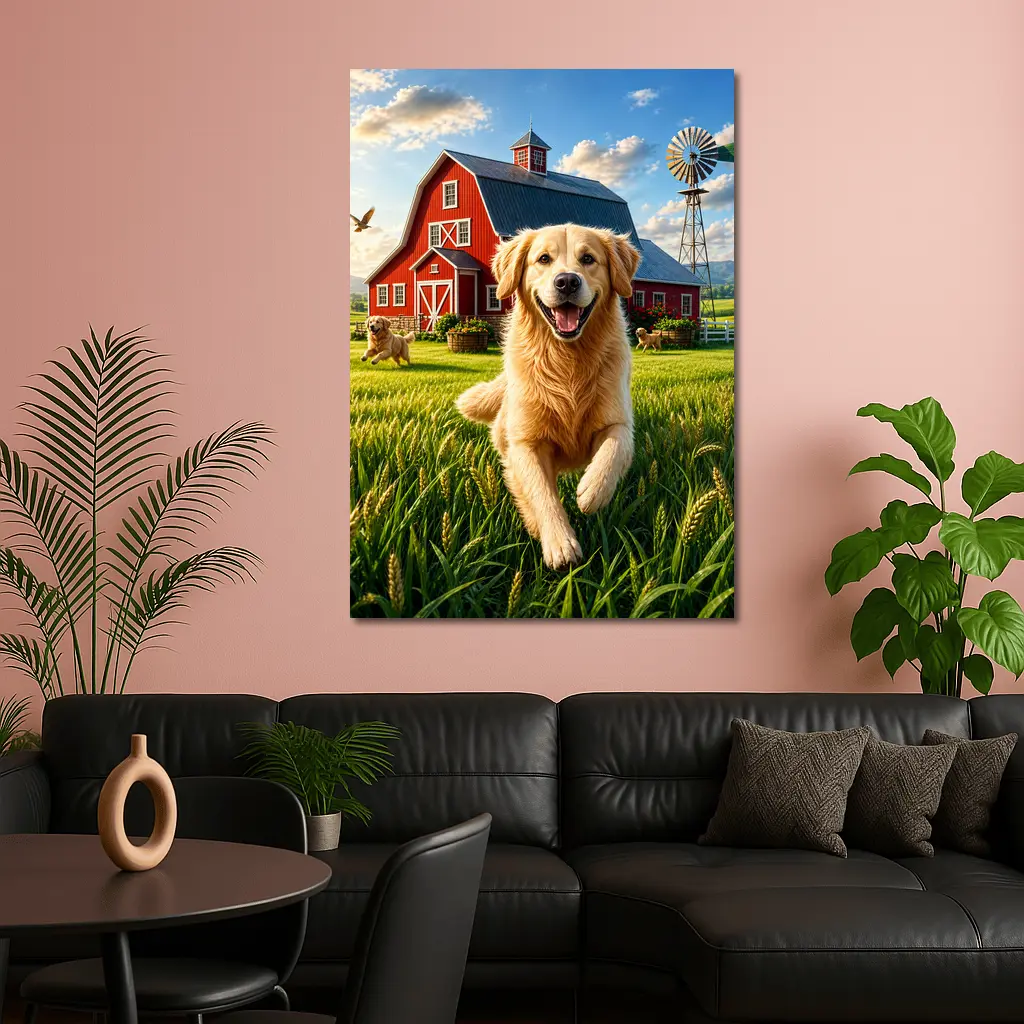 Golden Retriever Running Farm Red Barn – Wall Art