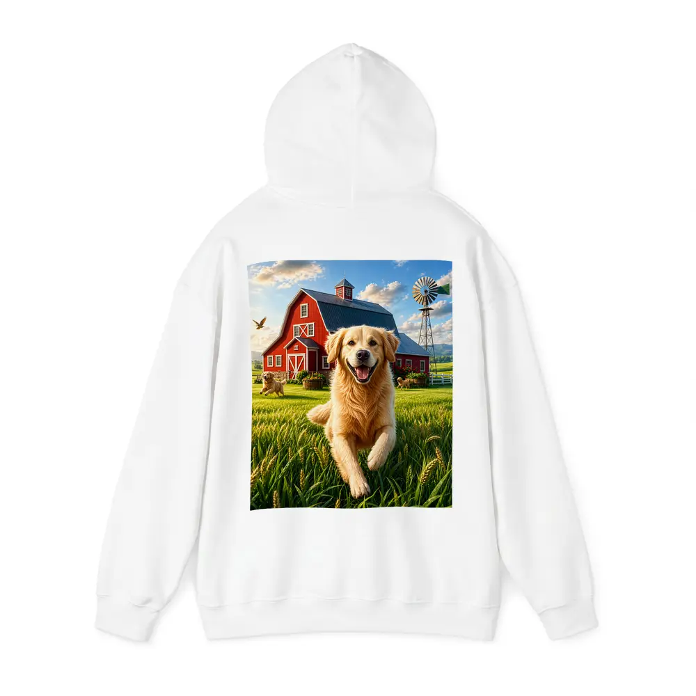 Golden Retriever Running Farm Red Barn – Hoodies