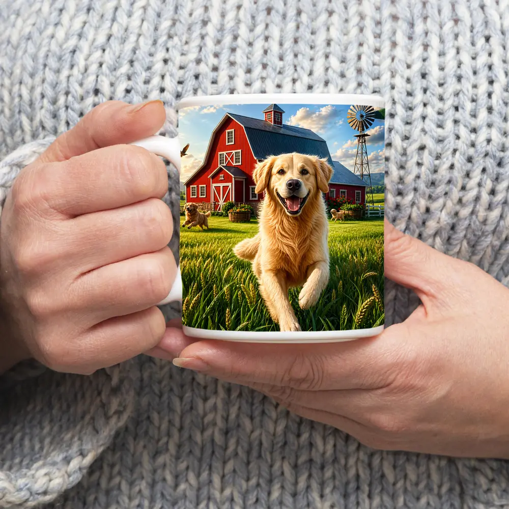 Golden Retriever Running Farm Red Barn – Mugs
