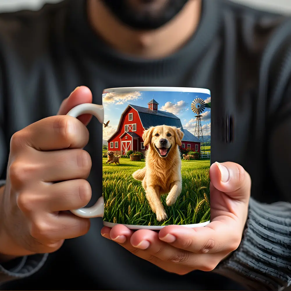 Golden Retriever Running Farm Red Barn – Mugs