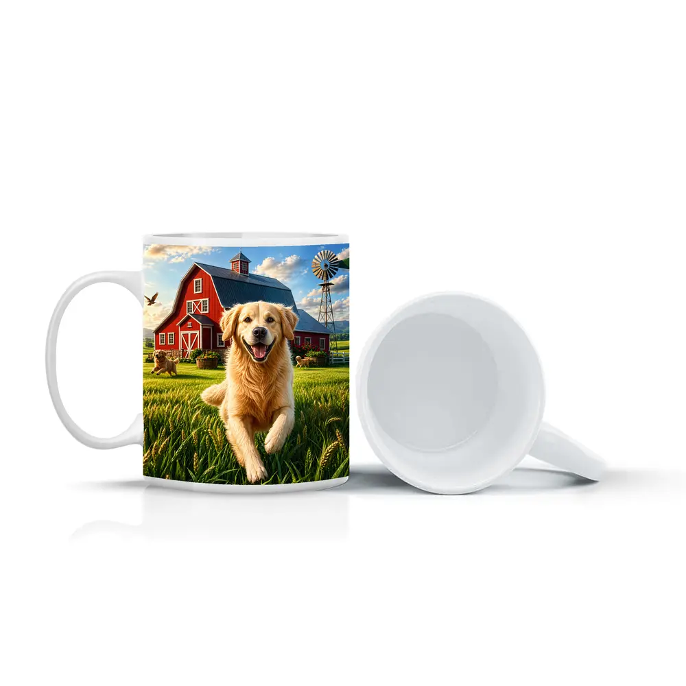 Golden Retriever Running Farm Red Barn – Mugs