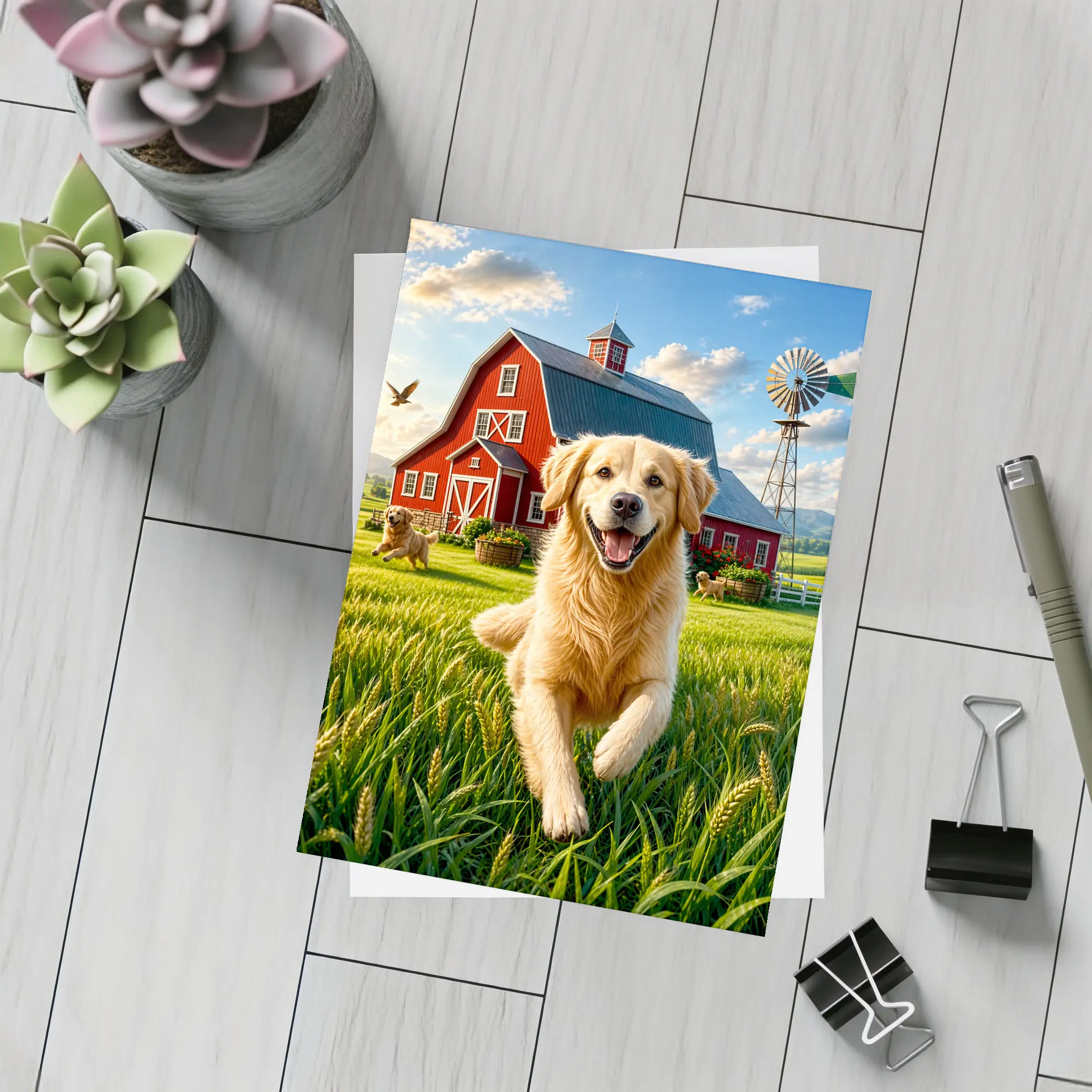 Golden Retriever Running Farm Red Barn – Postcards