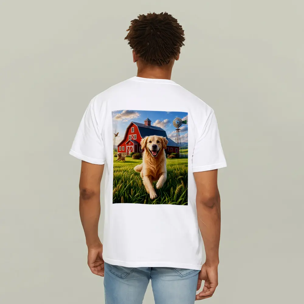 Golden Retriever Running Farm Red Barn – T-Shirts