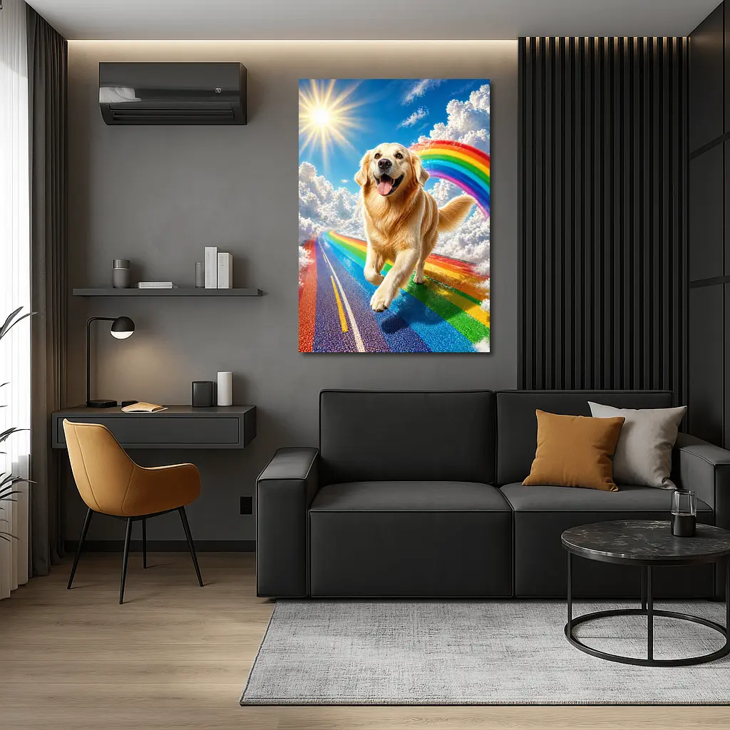 Golden Retriever Running on Rainbow Road – Wall Art