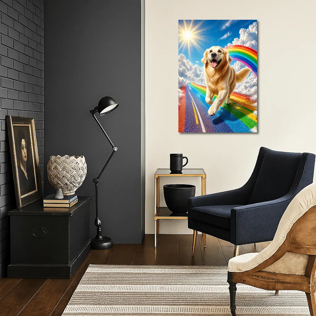 Golden Retriever Running on Rainbow Road – Wall Art