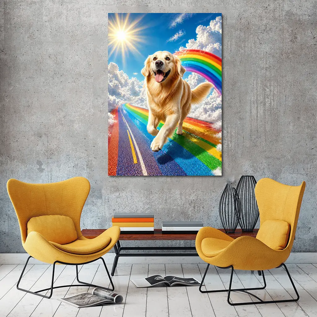 Golden Retriever Running on Rainbow Road – Wall Art