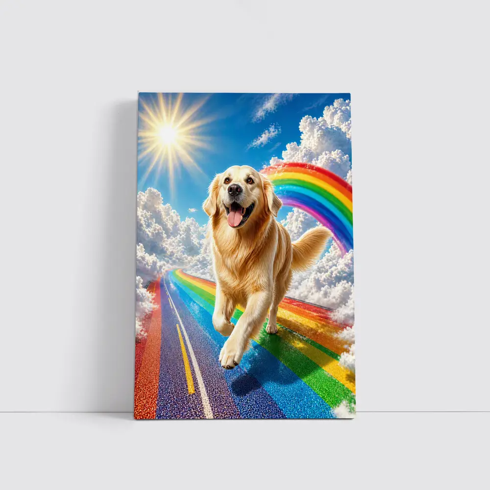 Golden Retriever Running on Rainbow Road – Wall Art