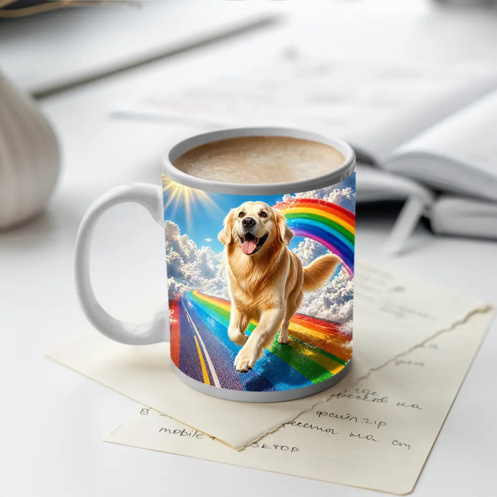 Golden Retriever Running on Rainbow Road – Mugs